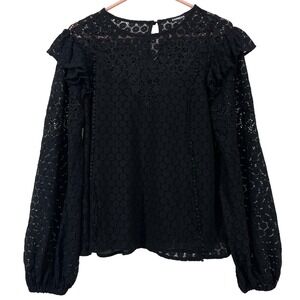 Express Size Medium Lace Blouse Black Ruffle Shoulder Long Sleeve High Neck Top